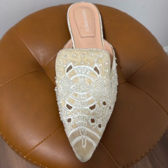 Alberta Ferretti Beige Velvet Flat Mules Embellished with Beads & Crystals. - Picture 2 of 10